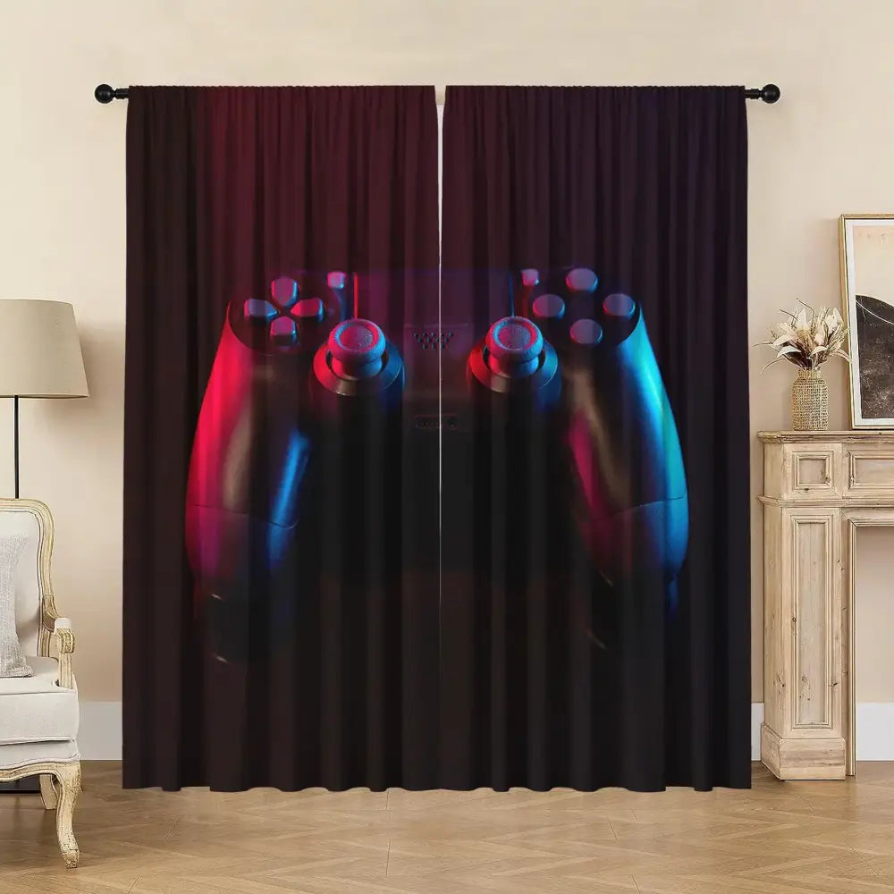 Black decorbites game console handle curtains with neon red and blue playstation controller graphic for bedroom decor