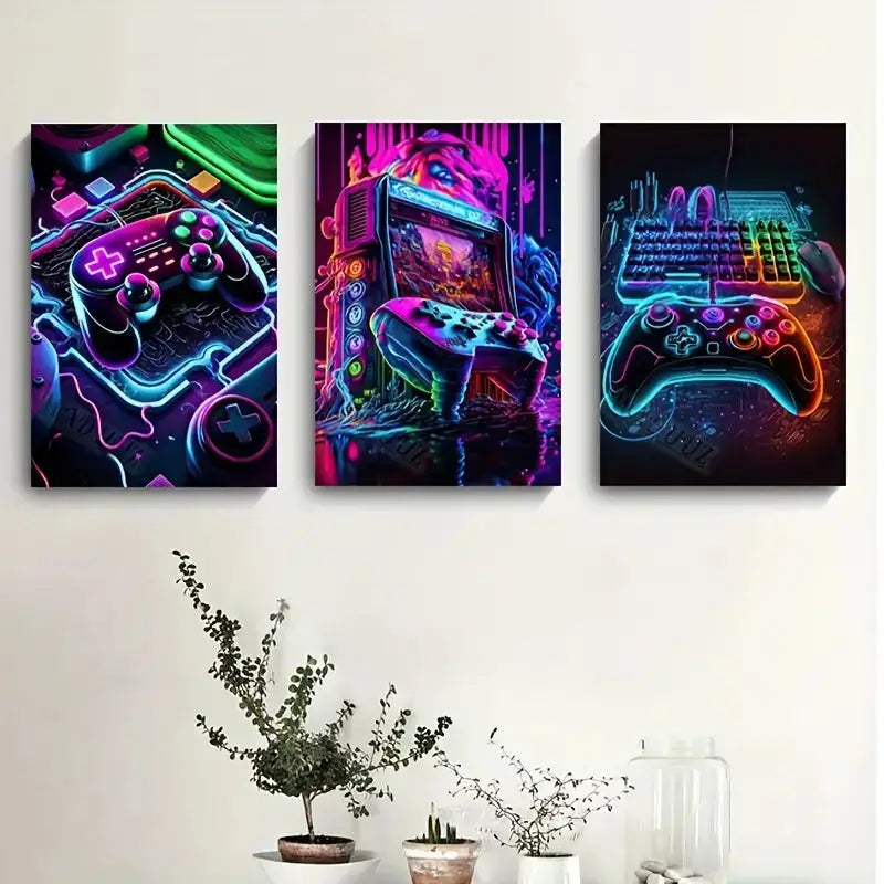DecorBites™ gamer room decor set featuring vibrant neon graffiti gamepad canvas prints in electric purple pink and blue hues