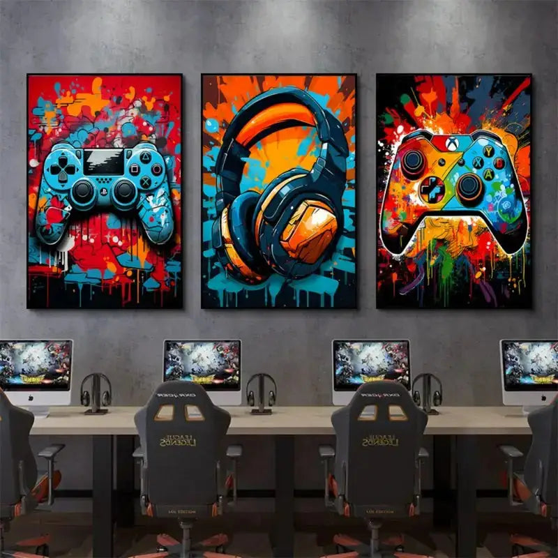 Decorbites gamer room decor set featuring three vibrant graffiti gamepad canvas prints with controllers and headphones