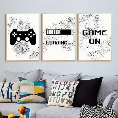 Set of three framed graffiti gamepad wall art prints with black splatter on white backgrounds for gamer room decor