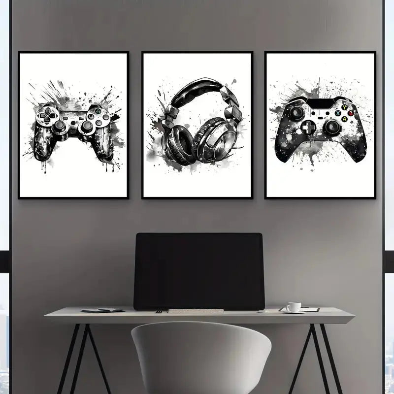 Three framed black and white graffiti gamepad canvas prints for gamer room decor hang above a desk in DecorBites™ set