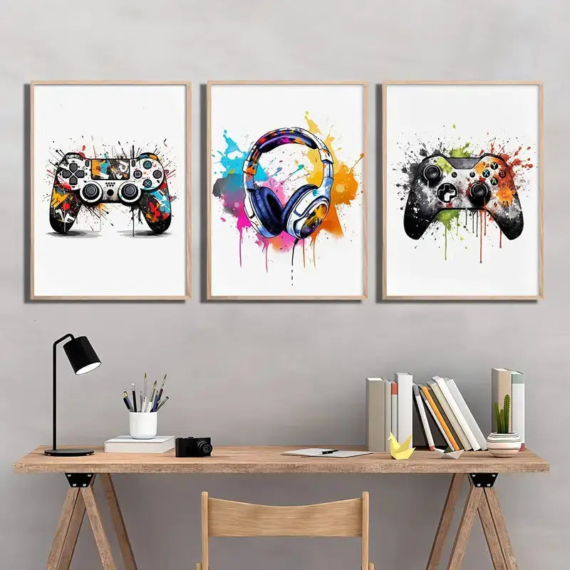 Three framed graffiti gamepad canvas prints featuring vibrant splatter-painted gaming controllers for gamer room decor