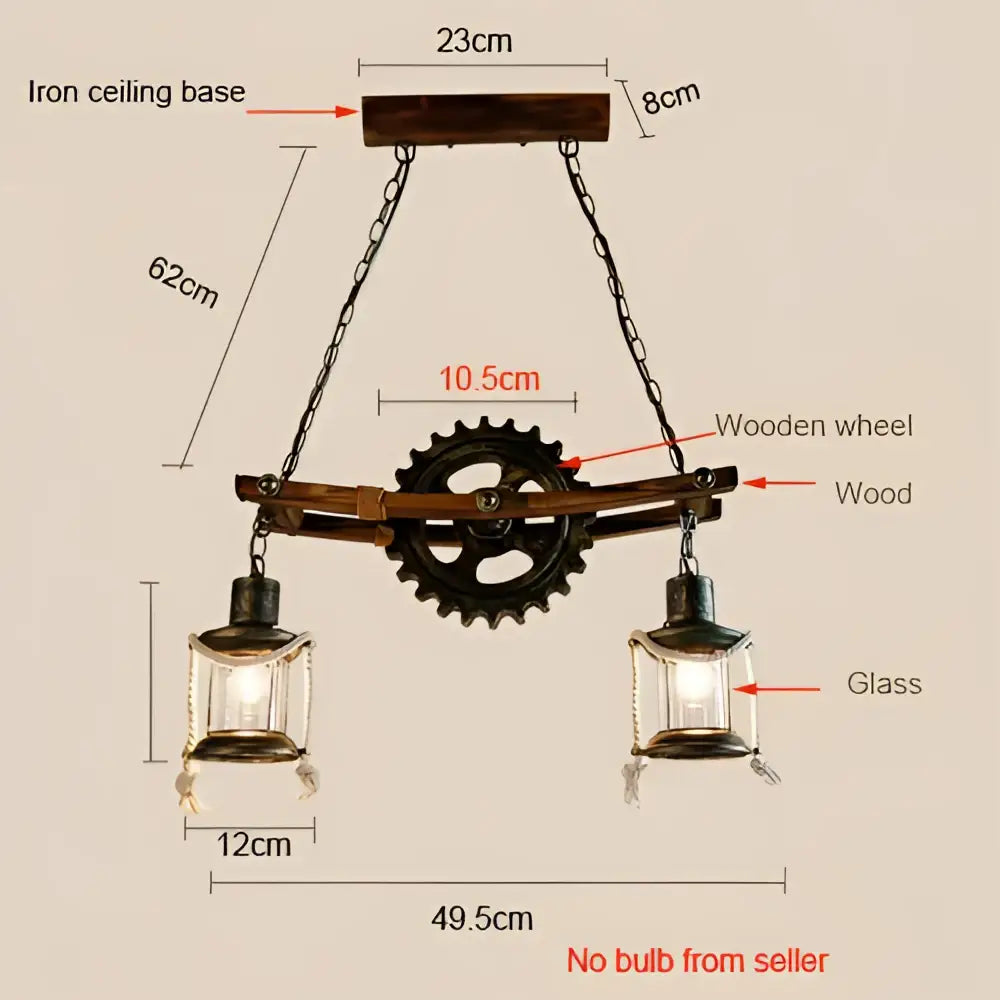 Decorbites gear industrial chandelier pendant with dark iron base wooden wheel glass lanterns and metal chains for dining room