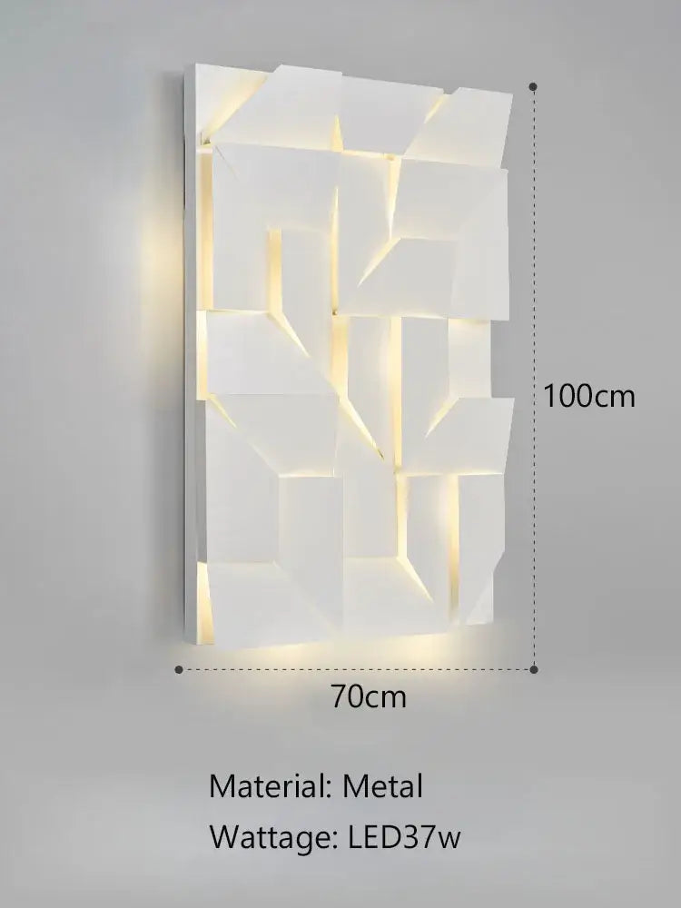 White geometric metal wall lamp with illuminated led lighting by Decorbites geometric art for indoor living spaces