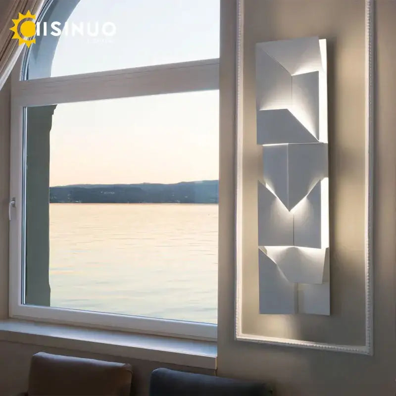 Decorbites geometric art white wall lamp with layered angular panels casting soft light for bedroom or living room wall lamp