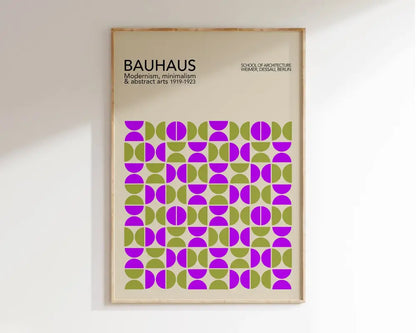 A framed decorbites™ geometric bauhaus canvas poster with purple and olive green half-circles on off-white background