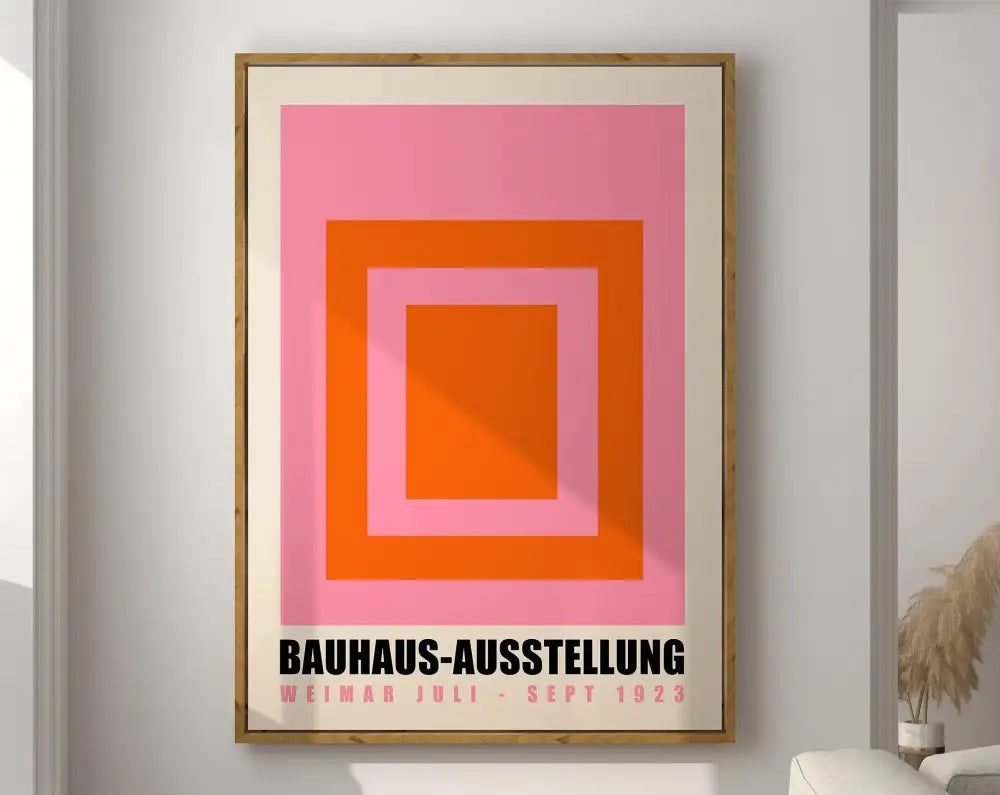 Framed decorbites™ geometric bauhaus canvas poster with pink and orange concentric squares on cream mat for modern decor
