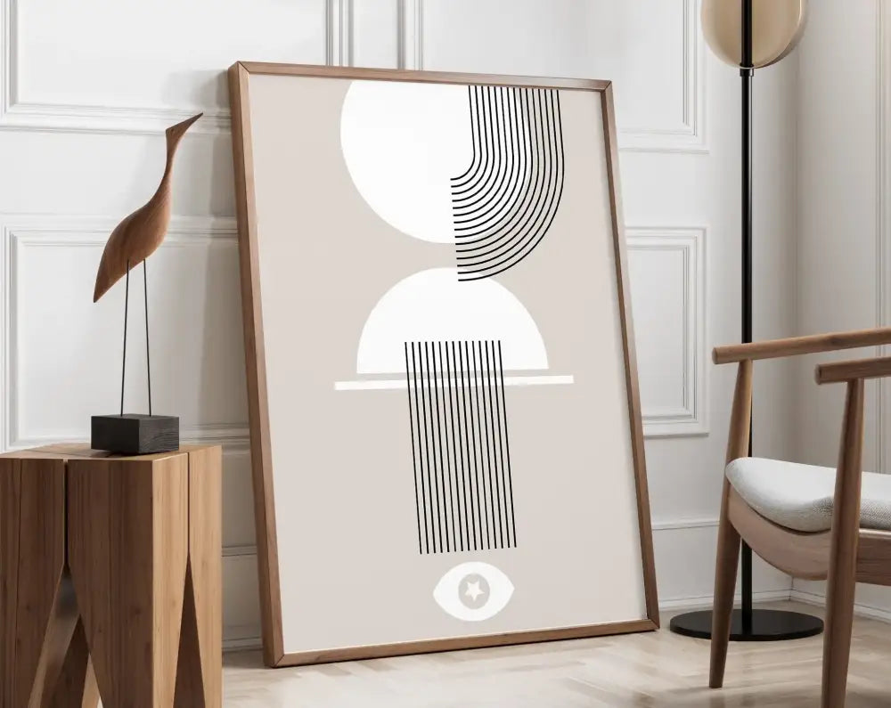 Decorbites™ geometric bauhaus canvas poster with minimalist beige background white shapes and black lines in wood frame