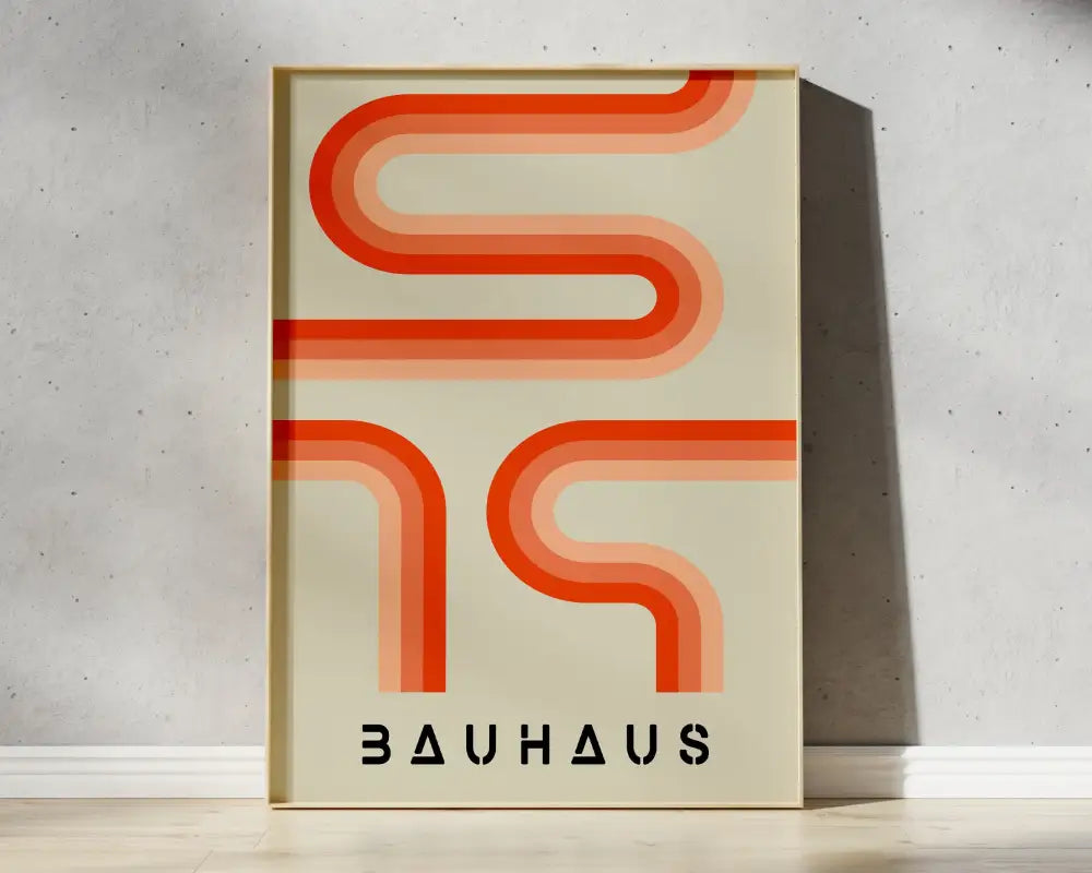 Minimalist geometric bauhaus canvas poster with bold orange and cream abstract lines on beige for modern home decor
