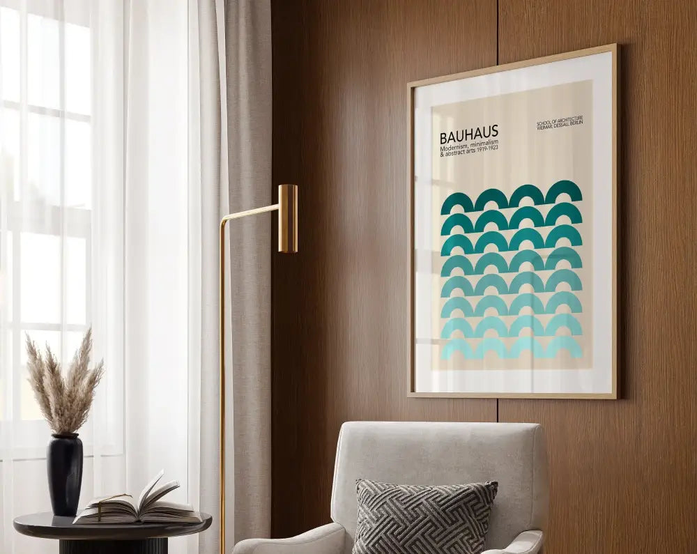 A geometric bauhaus canvas poster with teal and light blue waves on cream background in a gold frame by decorbites