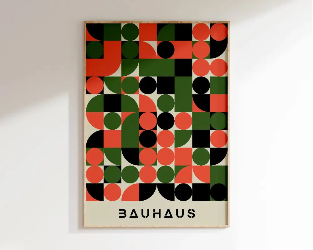A framed decorbites™ geometric bauhaus canvas poster with bold red green and black circles on off-white background