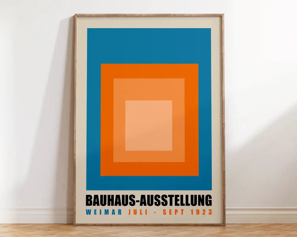 Framed DecorBites™ geometric Bauhaus canvas poster with blue orange peach squares and bold black text for modern decor