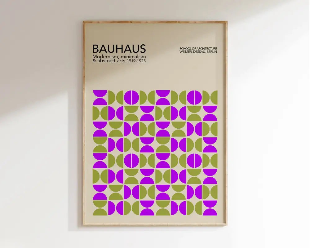 DecorBites™ geometric bauhaus canvas poster with purple and olive green half circles on off-white background for modern decor