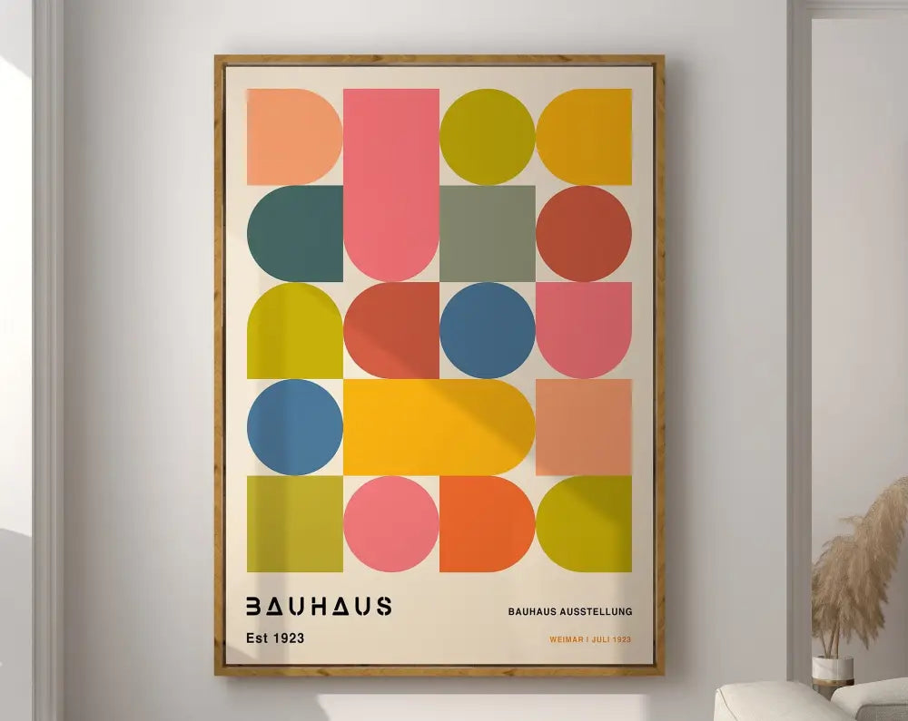A framed DecorBites™ geometric bauhaus canvas poster with vibrant overlapping circles and rectangles on off-white background