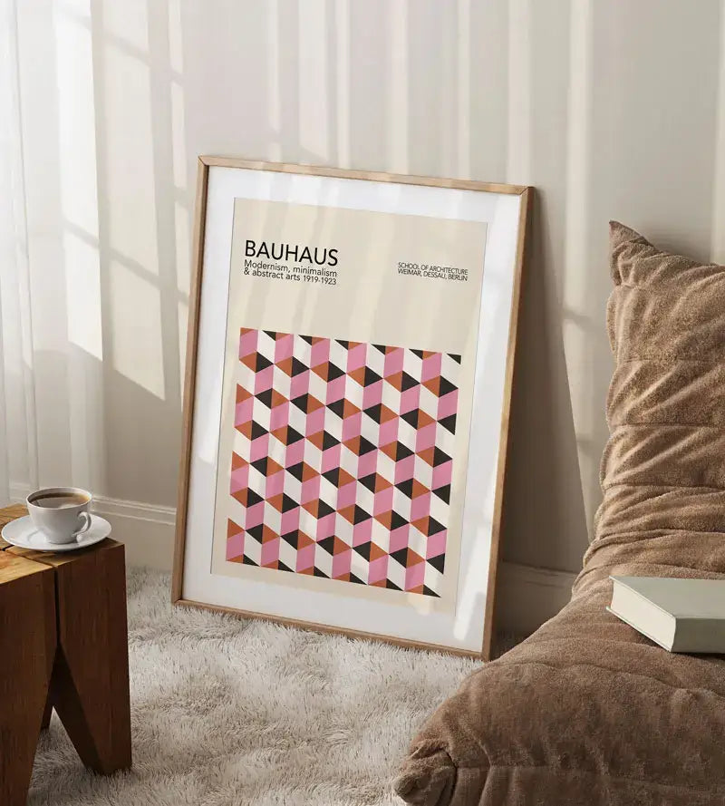 A framed decorbites™ geometric bauhaus canvas poster with pink, black, and beige tones for modern home decor