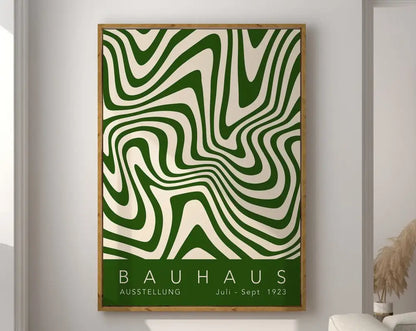 A framed DecorBites™ geometric bauhaus canvas poster with bold green and cream wavy lines for modern home decor wall art