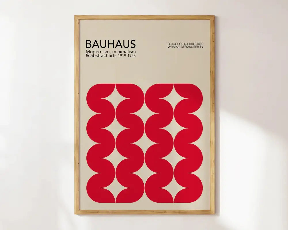 Decorbites™ geometric bauhaus canvas poster featuring bold red waves in a light wood frame on off-white background