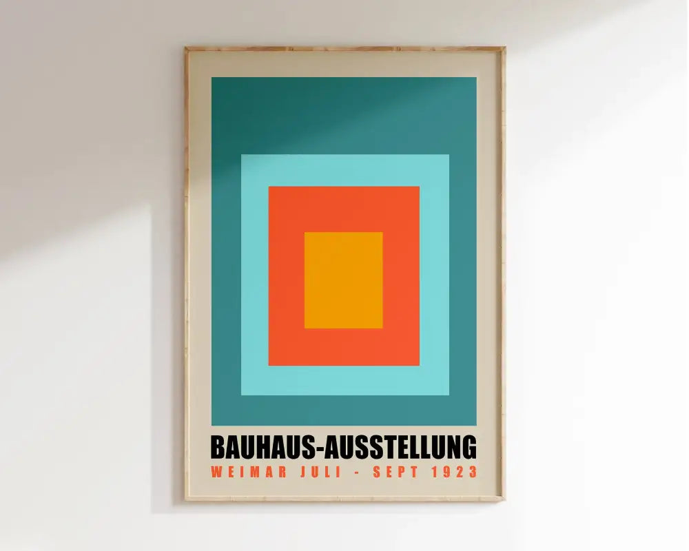 A framed decorbites™ geometric bauhaus canvas poster featuring concentric teal light blue orange and yellow squares