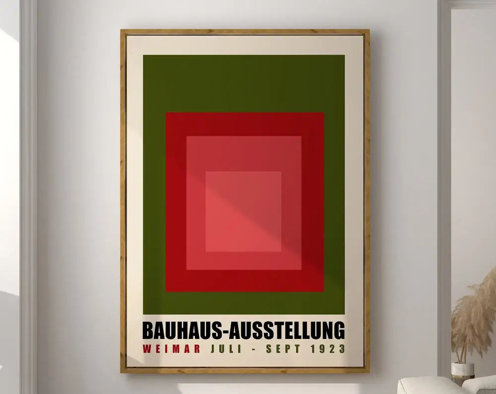 Framed decorbites™ geometric bauhaus canvas poster with red and green squares and black text on cream mat