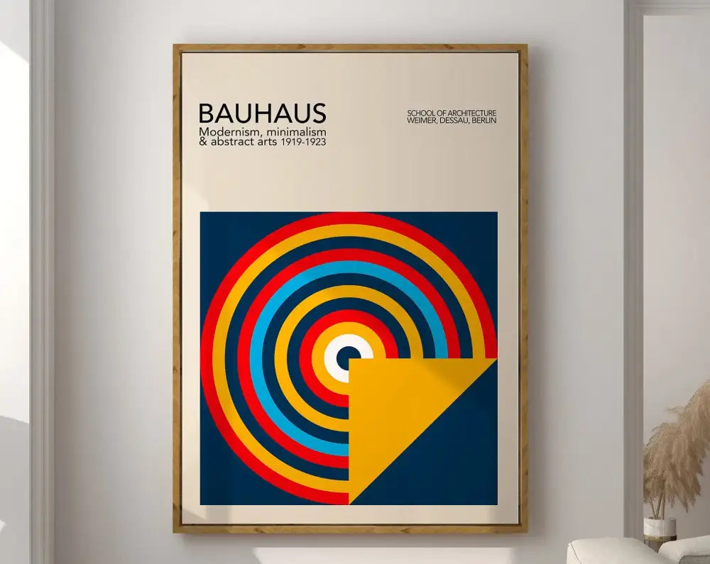 A geometric bauhaus canvas poster by decorbites featuring bold red yellow and blue circles on a navy background