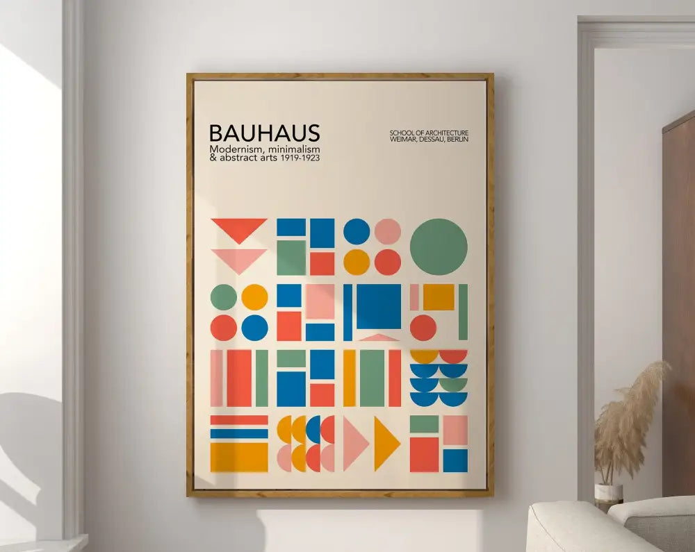 A framed decorbites™ geometric bauhaus canvas poster with colorful shapes on an off-white background for modern decor