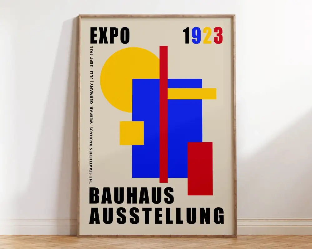 A decorbites™ geometric bauhaus canvas poster featuring bold yellow blue and red shapes with black text on cream background