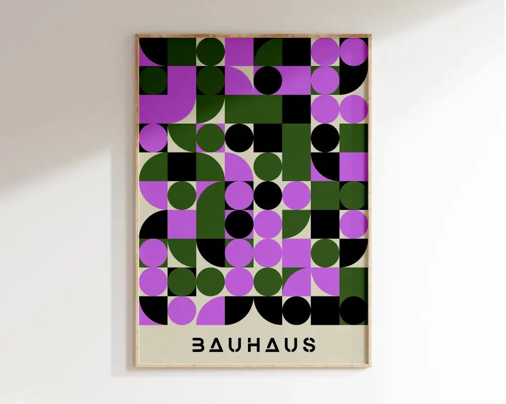 A framed decorbites™ geometric bauhaus canvas poster with bold purple green and black shapes on off-white background