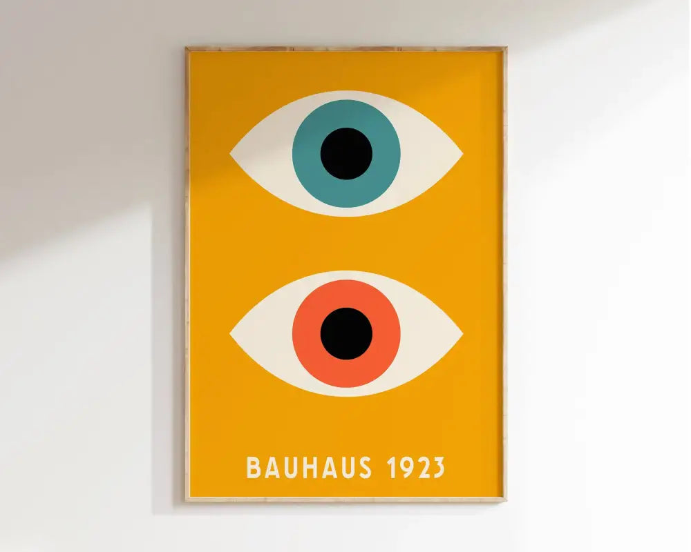 Minimalist decorbites™ geometric bauhaus canvas poster with stylized eyes on vibrant yellow modern mid century canvas poster