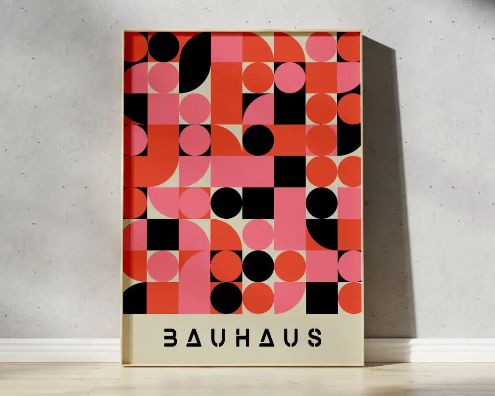 Decorbites™ geometric bauhaus canvas poster featuring vibrant pink orange and black overlapping circles on cream background