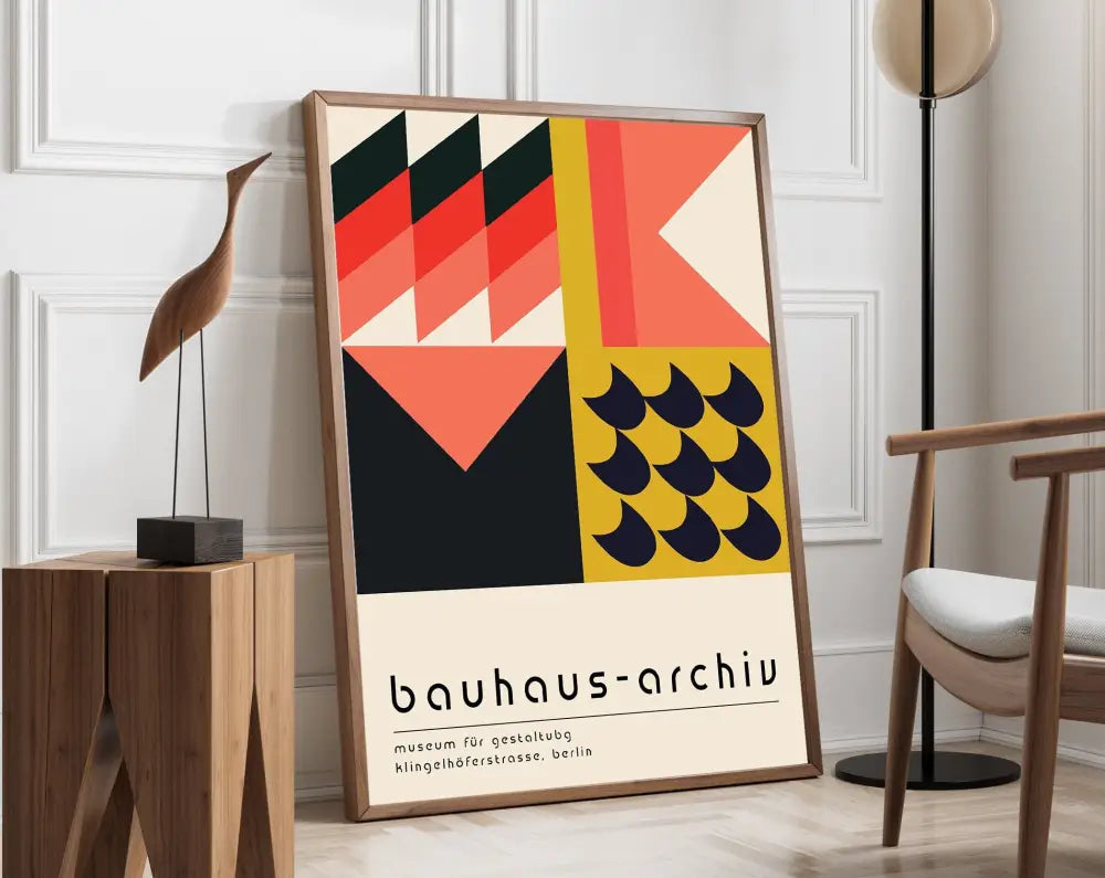 A framed decorbites™ geometric bauhaus canvas poster with bold red black yellow and cream patterns for modern decor