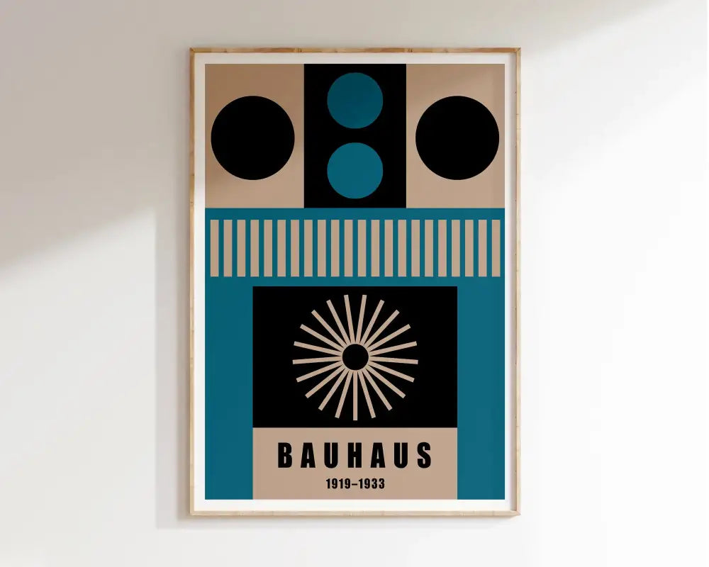 A framed decorbites™ geometric bauhaus canvas poster in teal black and beige tones for modern mid century decor