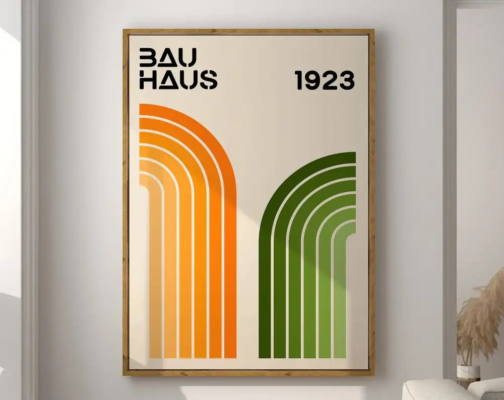 A framed decorbites™ geometric bauhaus canvas poster with bold orange and green curved stripes on cream background