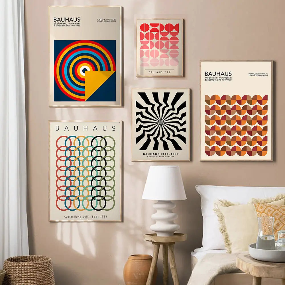 Set of five DecorBites™ geometric bauhaus canvas posters with bold vibrant colors on cream backgrounds for modern decor