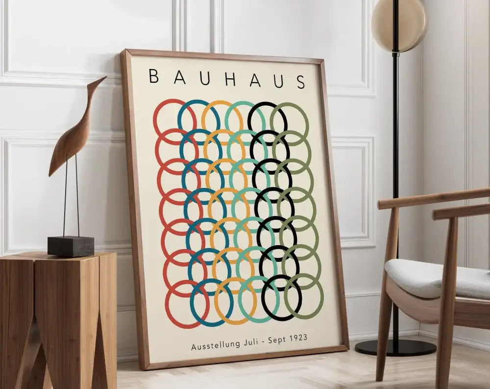 Framed decorbites™ geometric bauhaus canvas poster with overlapping red teal yellow black and olive green circles on off-white