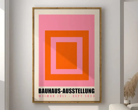 Framed decorbites™ geometric bauhaus canvas poster with concentric pink and orange squares and black text wall art