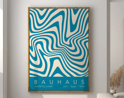 A framed geometric bauhaus canvas poster in bold blue and white wavy lines for retro home decor by decorbites™