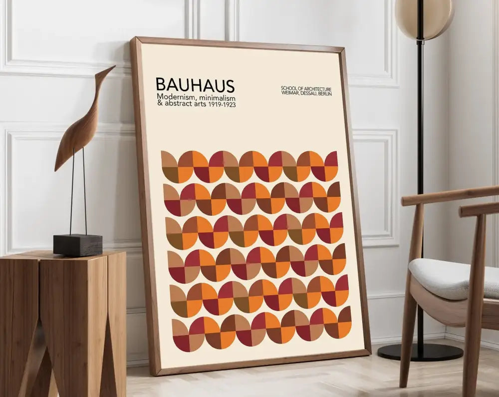 DecorBites™ geometric Bauhaus canvas poster with orange and brown circles in a wooden frame for retro home decor