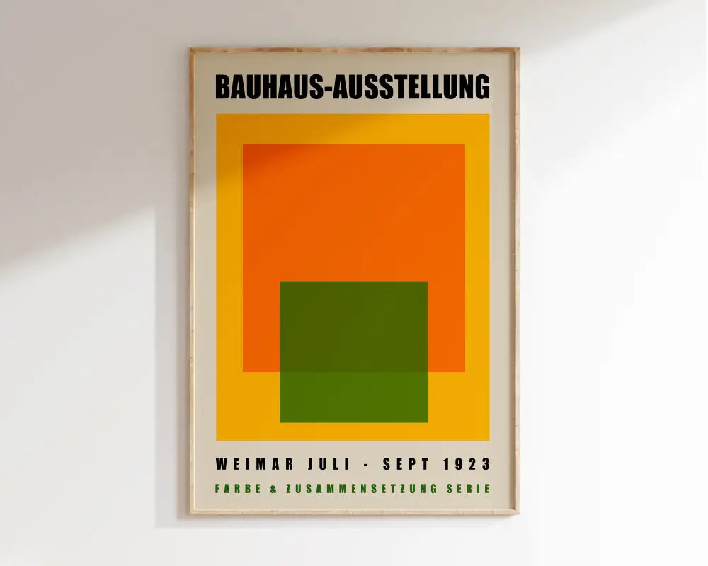 A framed decorbites canvas poster with bold orange yellow and green geometric shapes on cream for retro home decor
