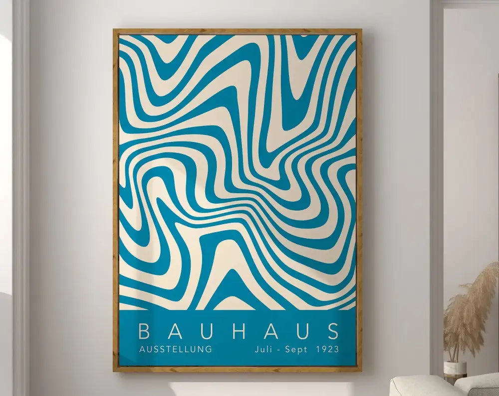 A framed geometric bauhaus canvas poster with bold blue and white wavy lines for retro home wall art