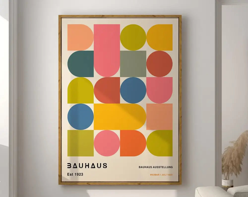 A framed decorbites™ geometric bauhaus canvas poster with vibrant overlapping circles and rectangles on off-white background