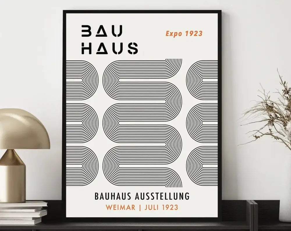 Black-framed geometric bauhaus canvas poster with bold text expo 1923 in orange on cream background for wall art