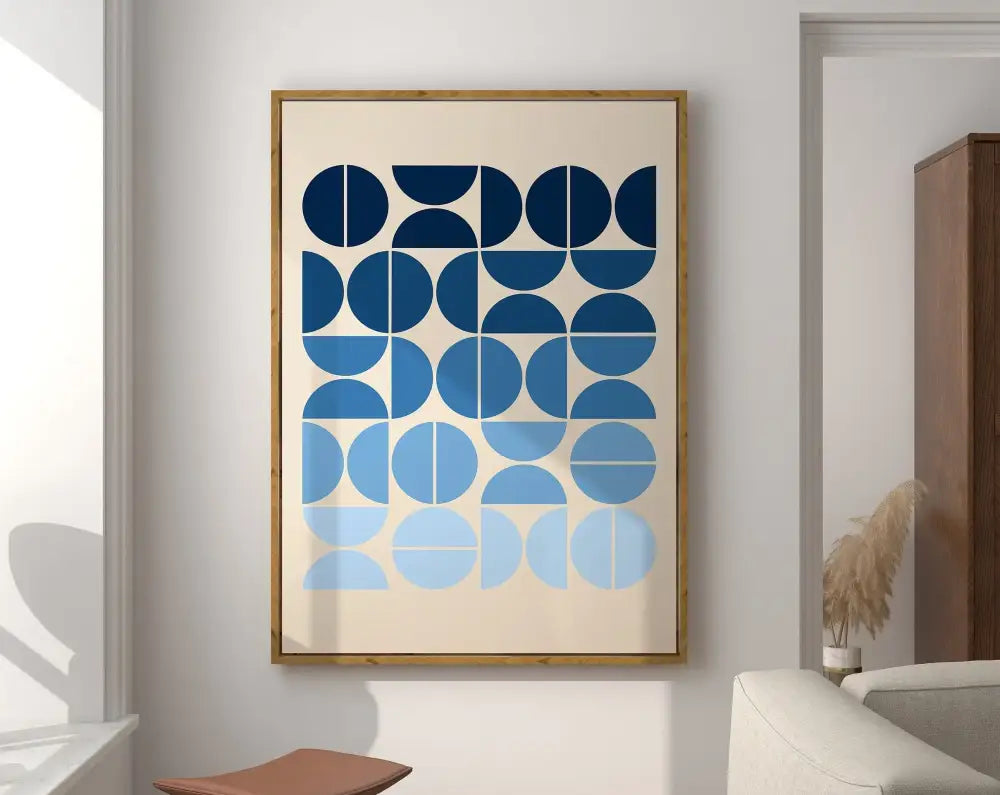 Decorbites™ geometric bauhaus canvas poster featuring a modern blue circular grid print framed in light wood