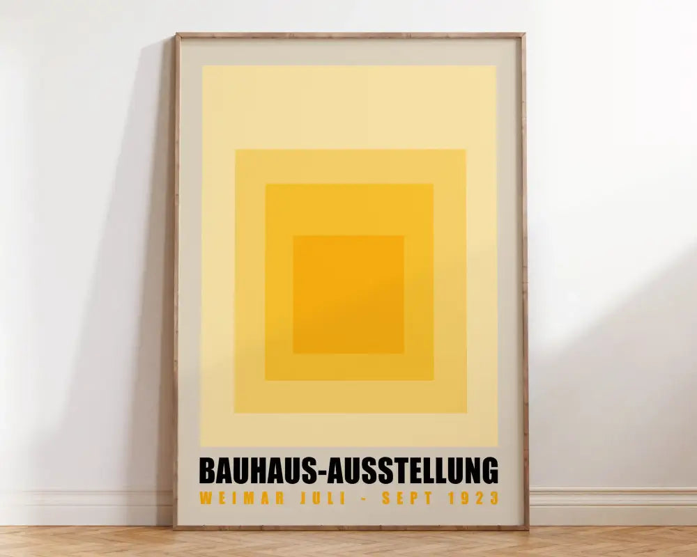 Minimalist yellow concentric squares geometric bauhaus canvas poster with bold black bauhaus-ausstellung text by decorbites
