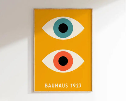 Minimalist geometric bauhaus canvas poster featuring two stylized eyes with teal and orange irises on mustard yellow background