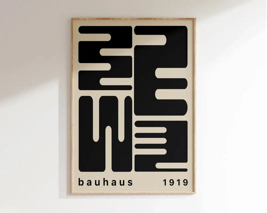Decorbites™ geometric bauhaus canvas print with bold black typography in light wood frame for modern home decor