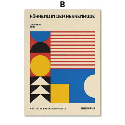 Decorbites™ geometric bauhaus pop art canvas print with bold blue red yellow and black shapes on cream art canvas