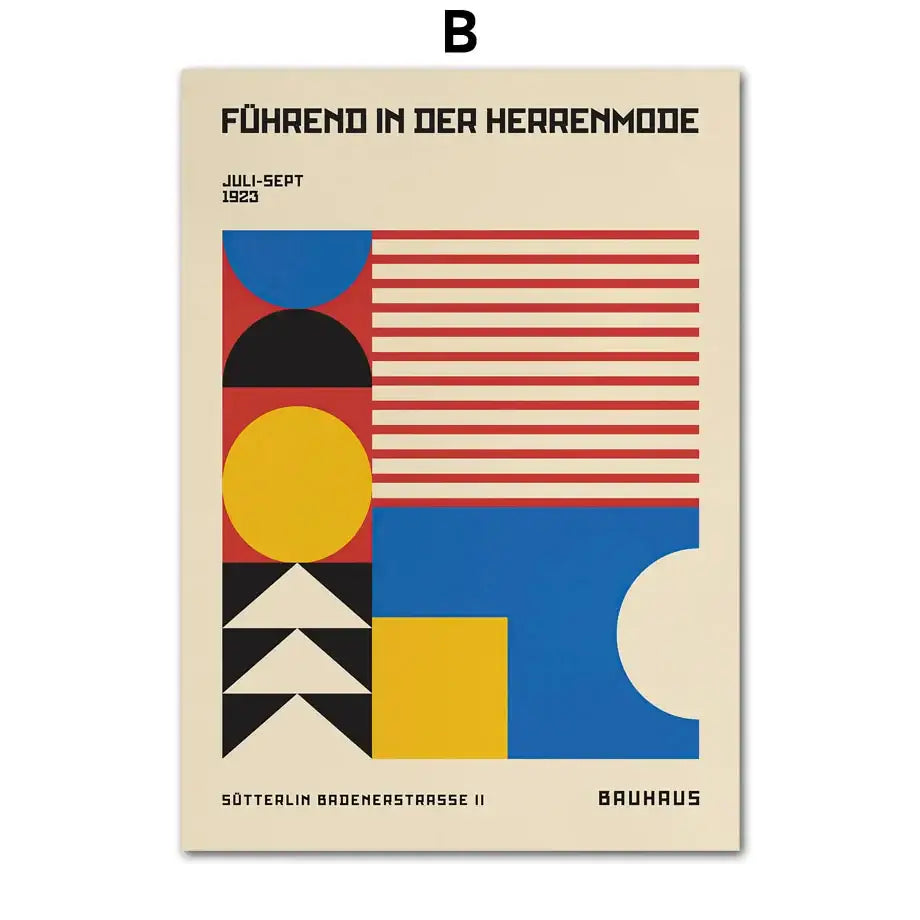 Decorbites™ geometric bauhaus pop art canvas print with bold blue red yellow and black shapes on cream art canvas