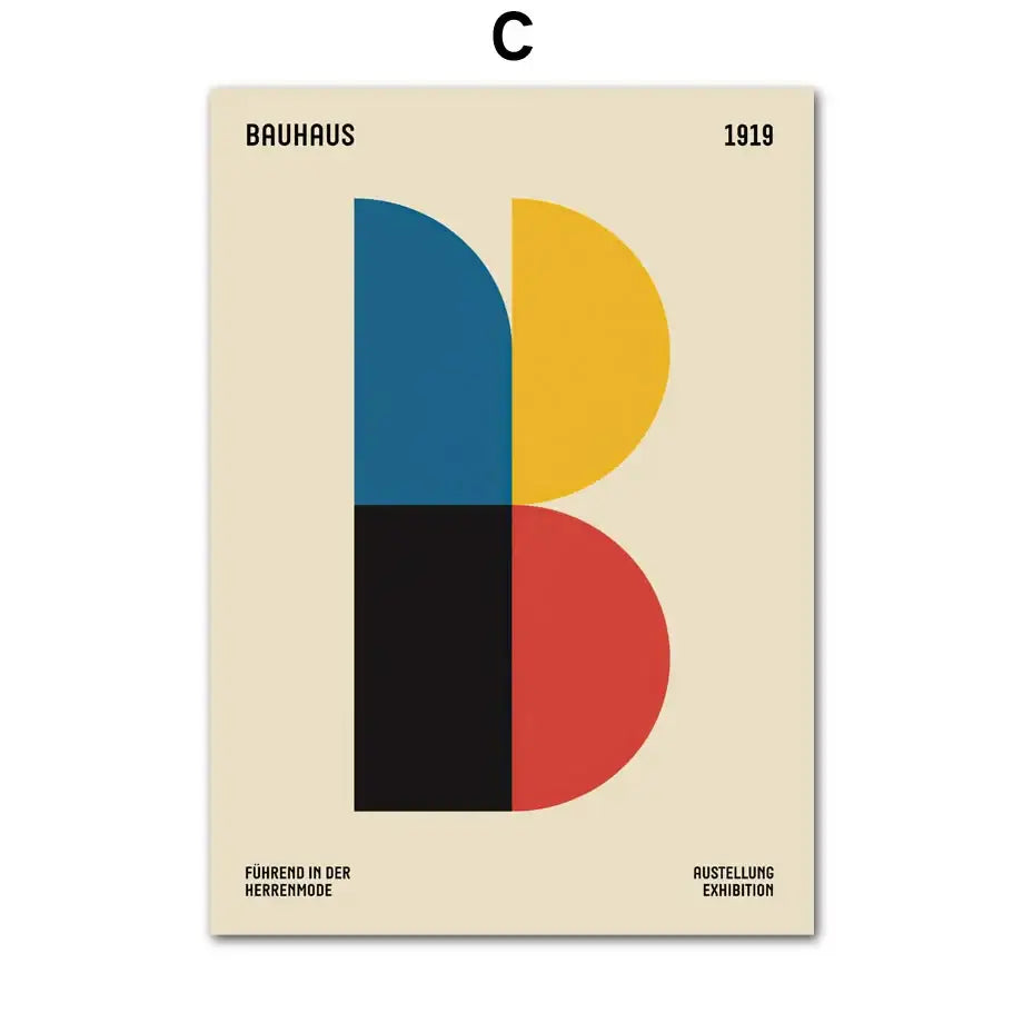 Beige art canvas from decorbites featuring a bold geometric pop art letter b in teal yellow black and red semicircles