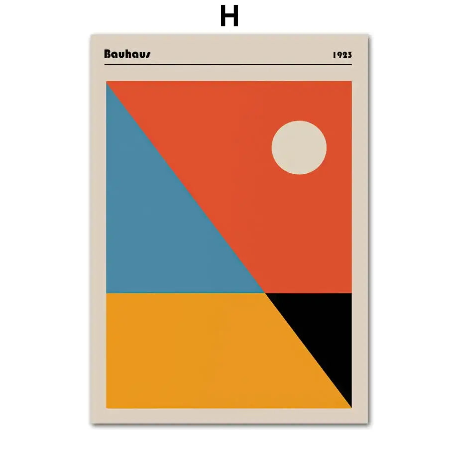 Decorbites™ geometric bauhaus pop art canvas print with bold orange blue yellow and black shapes on off-white background