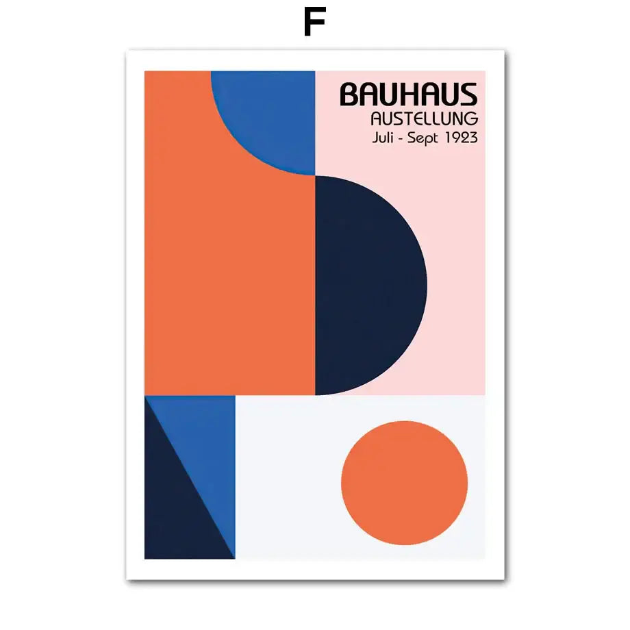 DecorBites™ geometric Bauhaus pop art canvas featuring bold orange, navy blue, and pink shapes on white background